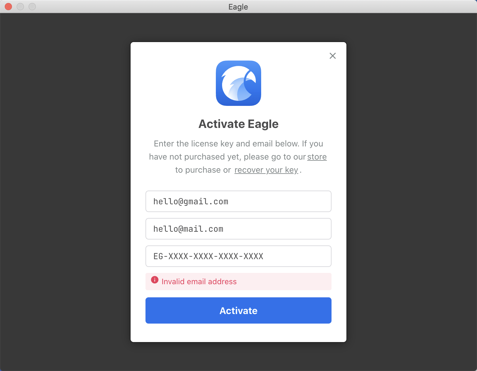 I can't activate Eagle, it shows "incorrect license key or email" - Knowledge Base | Eagle App