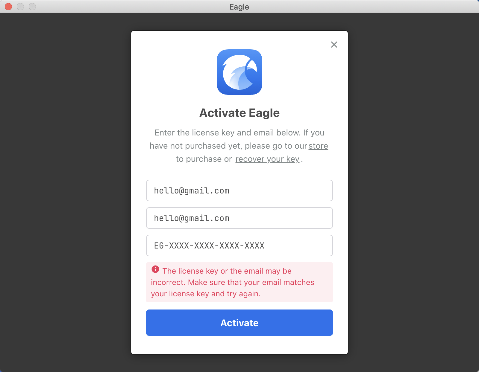 I can't activate Eagle, it shows "incorrect license key or email" - Knowledge Base | Eagle App